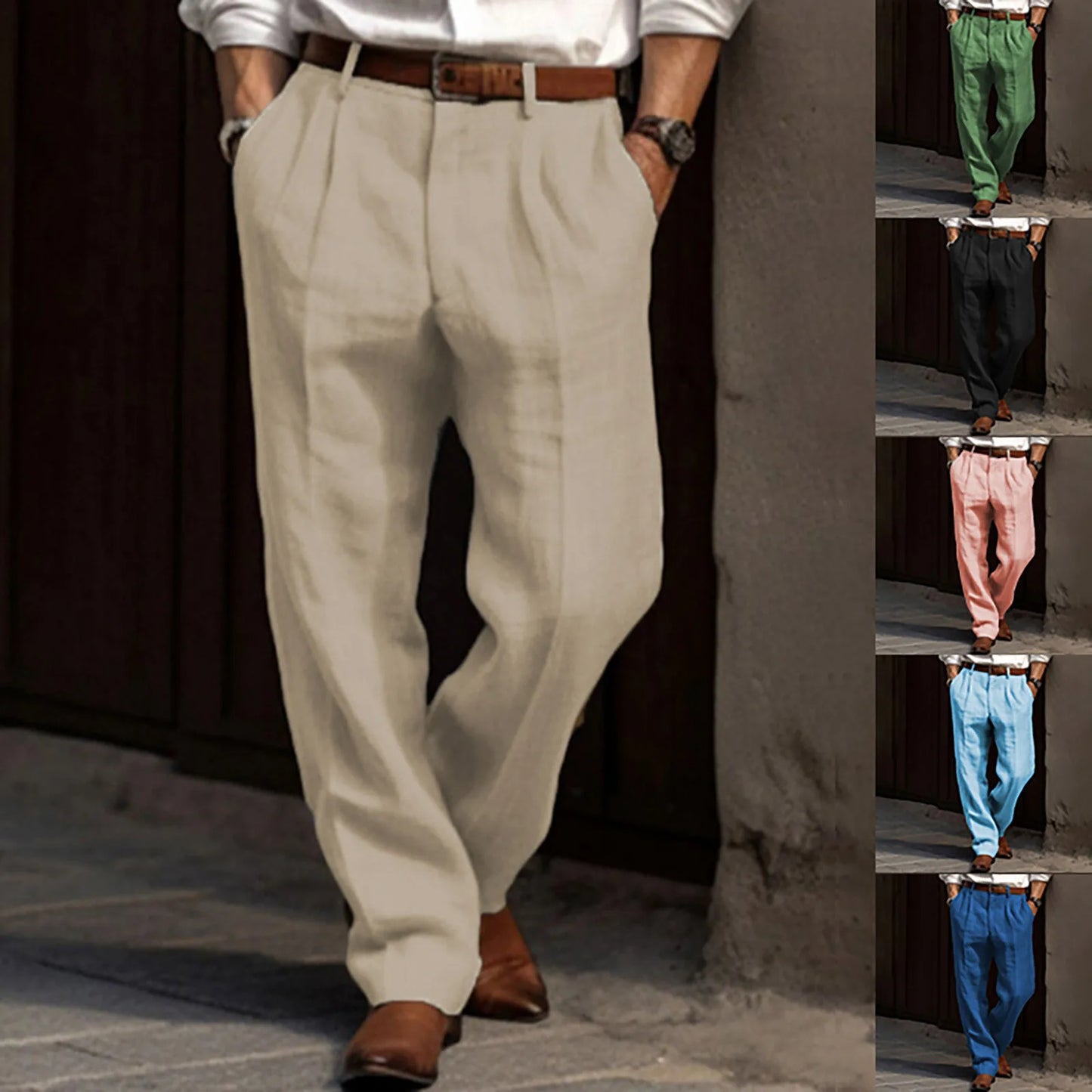 Man Pants Casual pantalones hombre Front Pocket Wide Leg Pants Elastic Waist Belt Loose Comfortable breathable Daily Pants