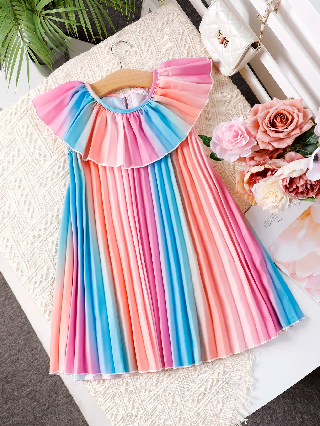 4-7 Year old Girls' Dress Doll Collar Colorful Gradient Pleated  Dress Children's clothing girl Summer Casual   Dress