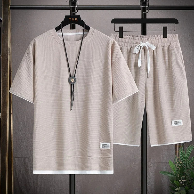 Men's casual sports set, round collar, short sleeve, loose shirt, shorts, waffle style clothing, personality streetwear, summer,