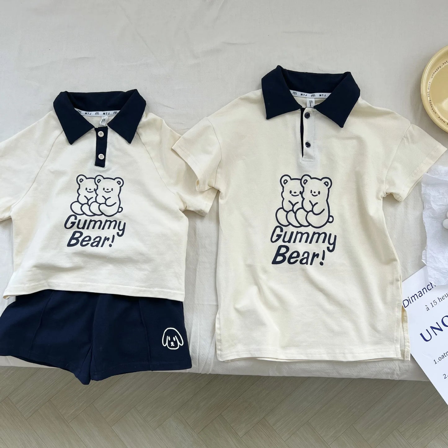 2024 New Brother Sister Costumes Boys Fashion Pullover Turn-down Collar Tops Solid Shorts Girls Cartoon Cute Dress Bear Dresses