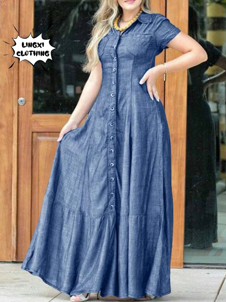 2023 Fashion New Long Dress Shirt Neck Pocket Large Swing Dress Casual Elegant Temperament Single Breasted Denim Dress