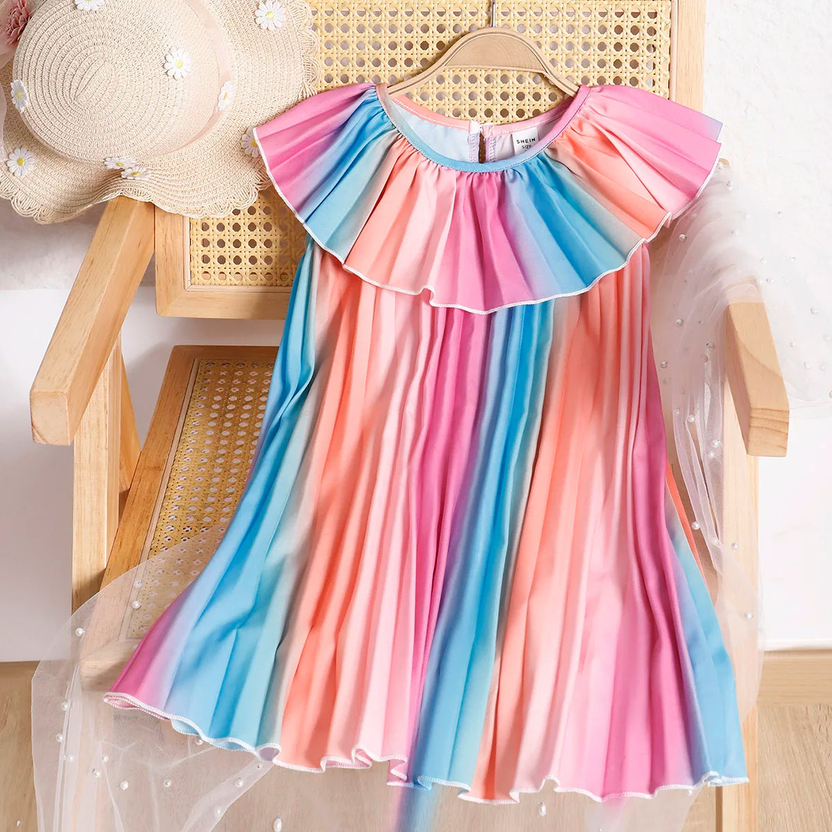 4-7 Year old Girls' Dress Doll Collar Colorful Gradient Pleated  Dress Children's clothing girl Summer Casual   Dress