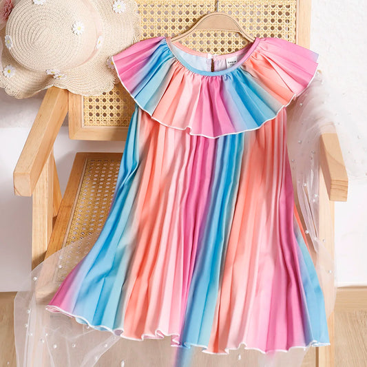 4-7 Year old Girls' Dress Doll Collar Colorful Gradient Pleated  Dress Children's clothing girl Summer Casual   Dress