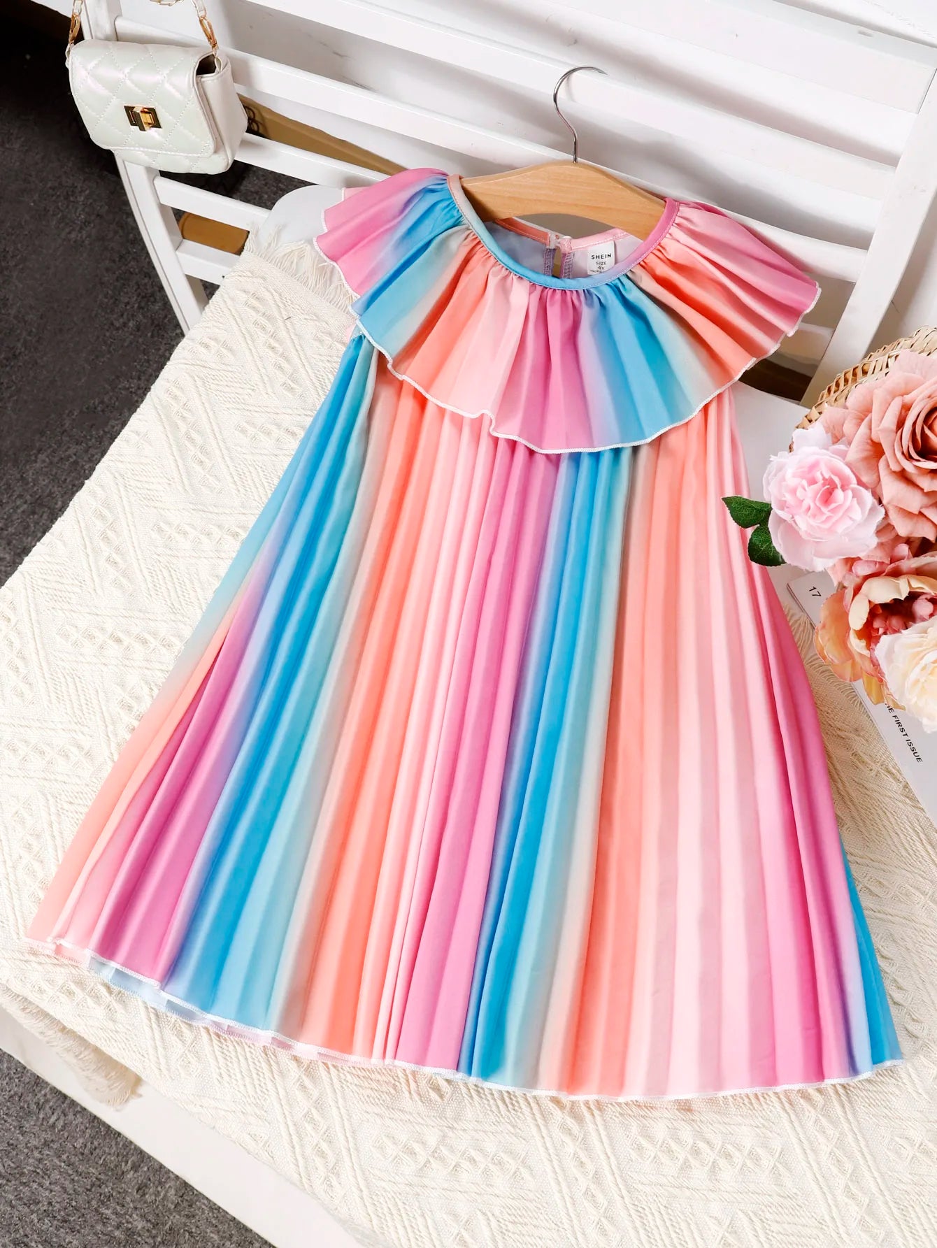4-7 Year old Girls' Dress Doll Collar Colorful Gradient Pleated  Dress Children's clothing girl Summer Casual   Dress