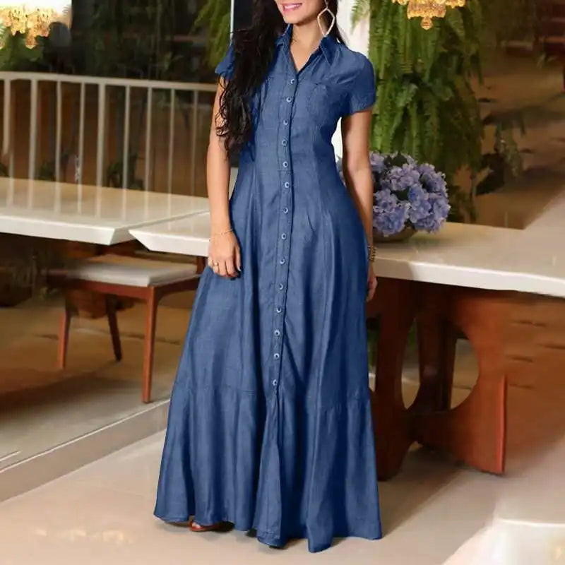 2023 Fashion New Long Dress Shirt Neck Pocket Large Swing Dress Casual Elegant Temperament Single Breasted Denim Dress