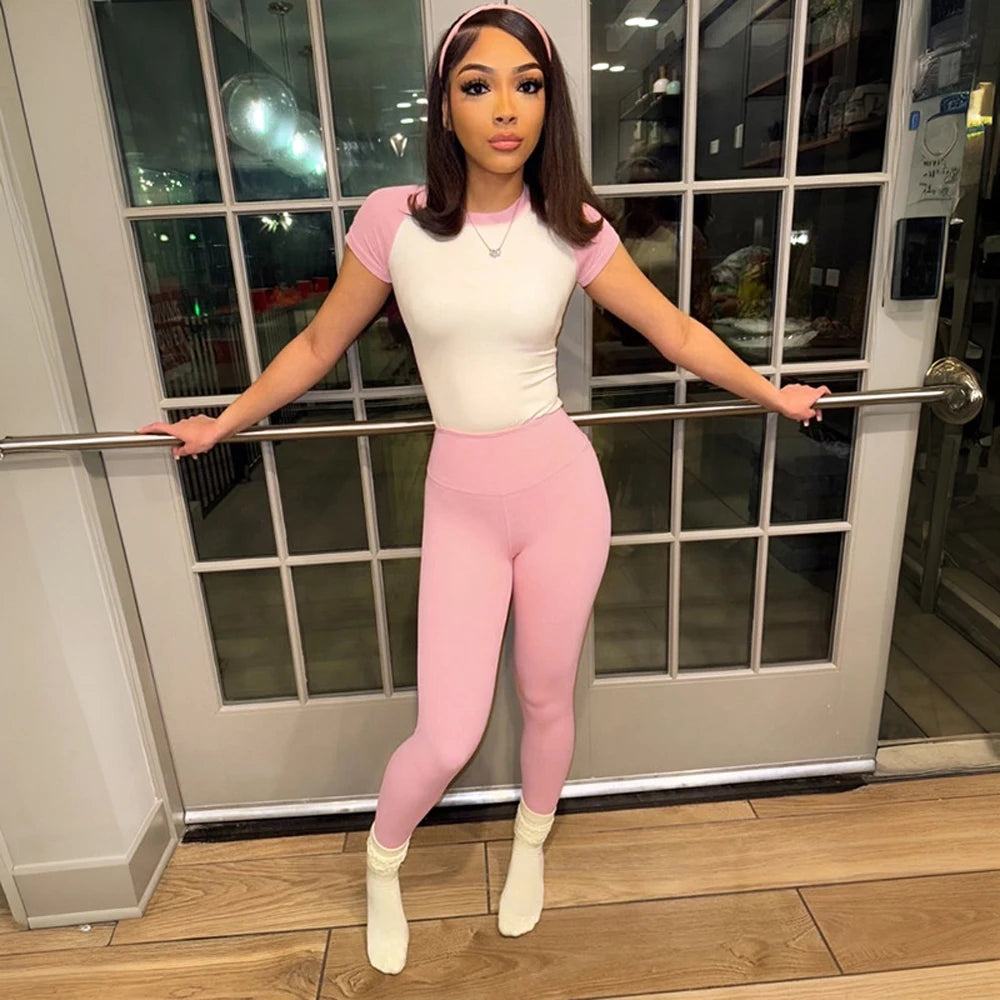 Athleisure Sport Wear Women Sets Fashion Colorblock Short Sleeve Shirt + Leggings Pants Tracksuit 2 Two Piece Set with Headband