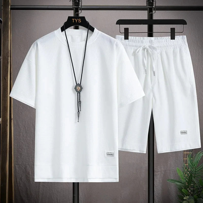Men's casual sports set, round collar, short sleeve, loose shirt, shorts, waffle style clothing, personality streetwear, summer,