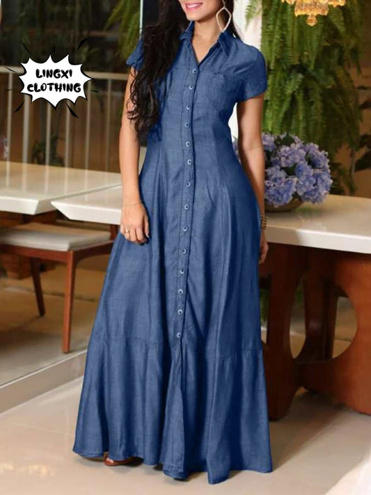 2023 Fashion New Long Dress Shirt Neck Pocket Large Swing Dress Casual Elegant Temperament Single Breasted Denim Dress
