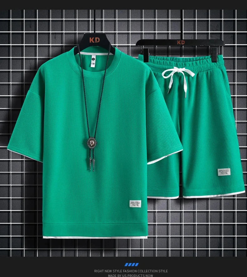 Men's casual sports set, round collar, short sleeve, loose shirt, shorts, waffle style clothing, personality streetwear, summer,